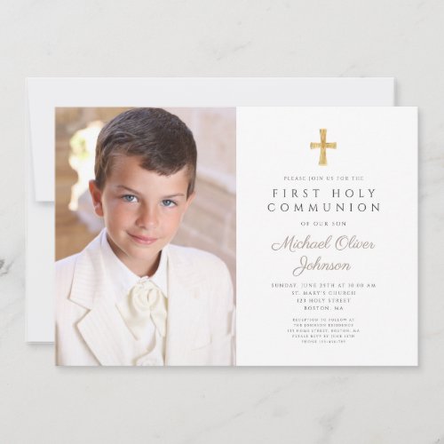 Elegant Taupe Cross Photo Boy First Communion Invitation