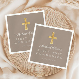 Elegant Taupe Cross Religious First Communion Napkins