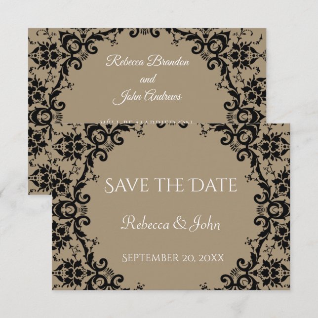 Elegant Taupe Damask Floral Wedding Save The Date (Front/Back)
