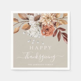 Elegant Taupe Fall Floral Happy Thanksgiving