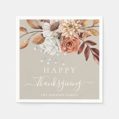 Elegant Taupe Fall Floral Happy Thanksgiving Napkins