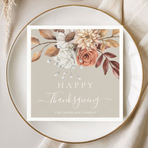 Elegant Taupe Fall Floral Happy Thanksgiving Napkins