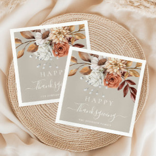 Elegant Taupe Fall Floral Happy Thanksgiving Napkins