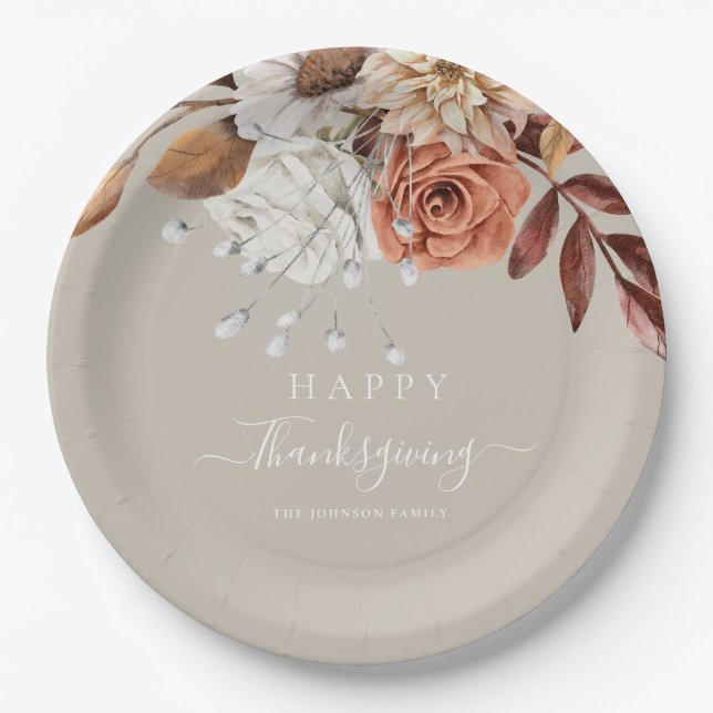 Elegant Taupe Fall Floral Happy Thanksgiving Paper Plates (Front)