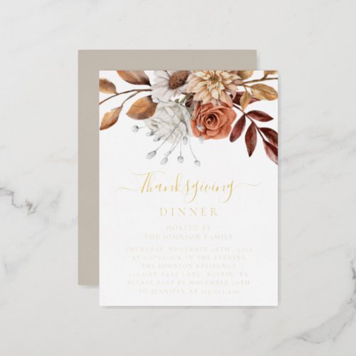 Elegant Taupe Fall Floral Leaves Thanksgiving Gold Foil Invitation Postcard
