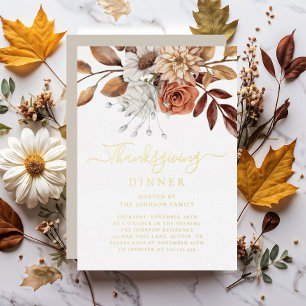 Elegant Taupe Fall Floral Thanksgiving Dinner Gold Foil Invitation