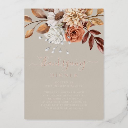 Elegant Taupe Fall Floral Thanksgiving Dinner Gold Foil Invitation