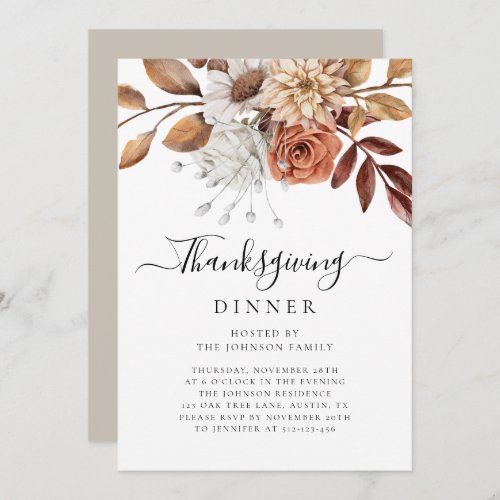 Elegant Taupe Fall Floral Thanksgiving Dinner Invitation