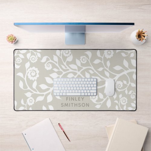    Elegant Taupe Floral Add Your Name Pretty Girly Desk Mat