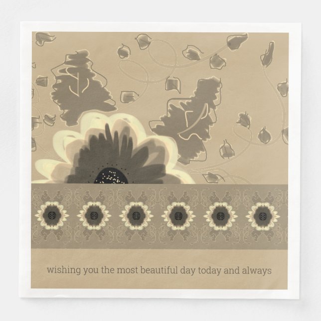 Elegant Taupe Floral Paper Dinner Napkins (Front)