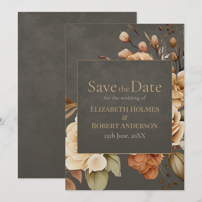 Elegant Taupe Floral Save the Date (Front/Back)