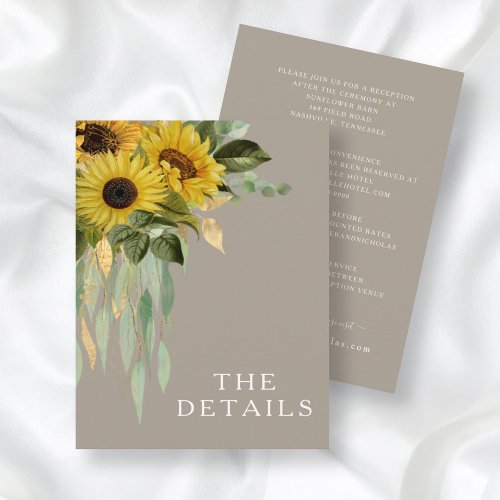 Elegant Taupe Floral Sunflowers Wedding Details Enclosure Card