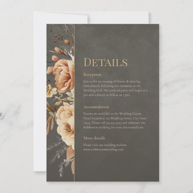 Elegant Taupe Floral Wedding Details Card (Front)