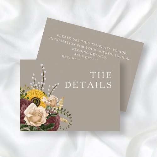 Elegant Taupe Floral Wedding Details Enclosure Card