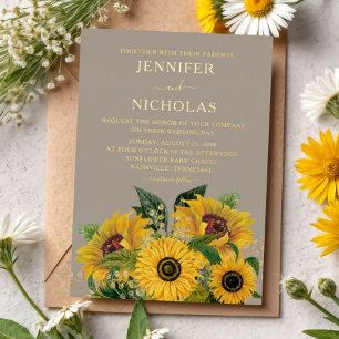 Elegant Taupe Floral Wedding Gold Foil Invitation
