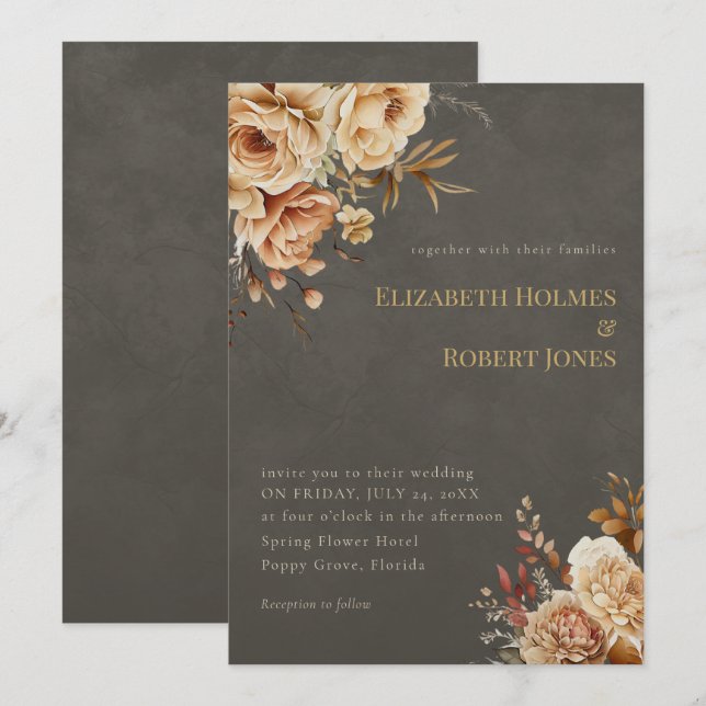 Elegant Taupe Floral Wedding Invitation (Front/Back)
