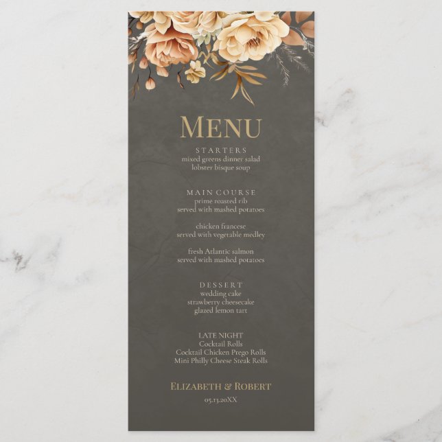 Elegant Taupe Floral Wedding Menu (Front)