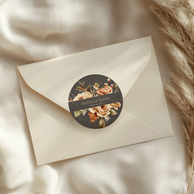 Elegant Taupe Floral Wedding Round Sticker (Elegant Taupe Floral Wedding Round Sticker on an elegant wedding envelope)