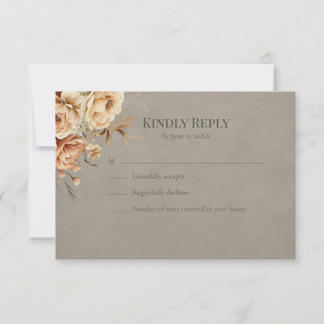 Elegant Taupe Floral Wedding RSVP Card (Front)