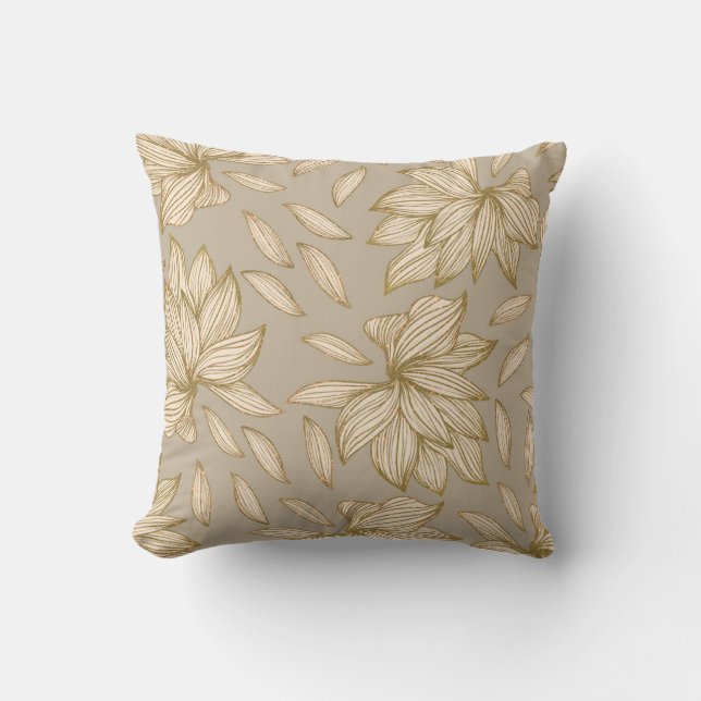 Elegant Taupe Gold Glitter Floral Line Art Throw Pillow (Front)