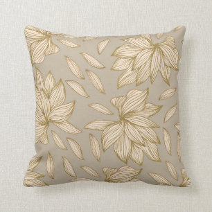 Elegant Taupe Gold Glitter Floral Line Art Throw Pillow