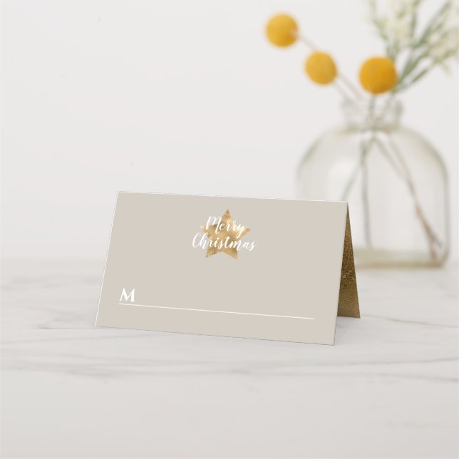 Elegant Taupe Gold Star Merry Christmas  Place Card (Front)