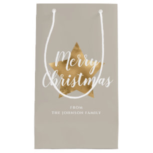 Elegant Taupe Gold Star Merry Christmas Small Gift Bag