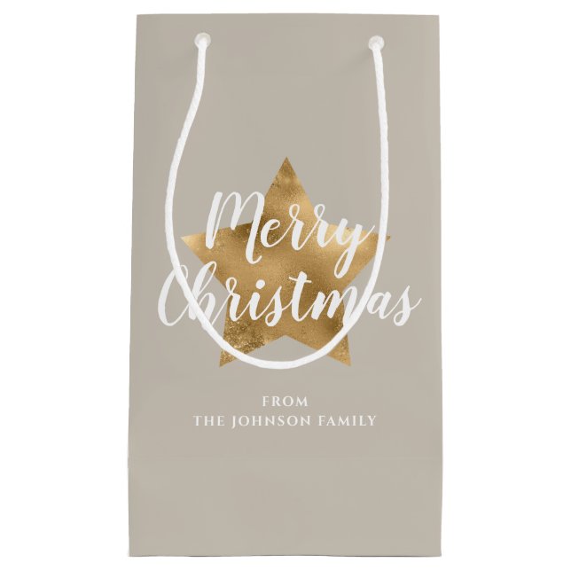 Elegant Taupe Gold Star Merry Christmas Small Gift Bag (Front)