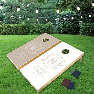 Elegant Taupe Monogram Mr and Mrs Wedding Cornhole Set