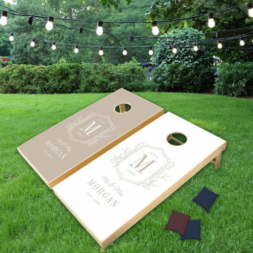 Elegant Taupe Monogram Mr and Mrs Wedding Cornhole Set