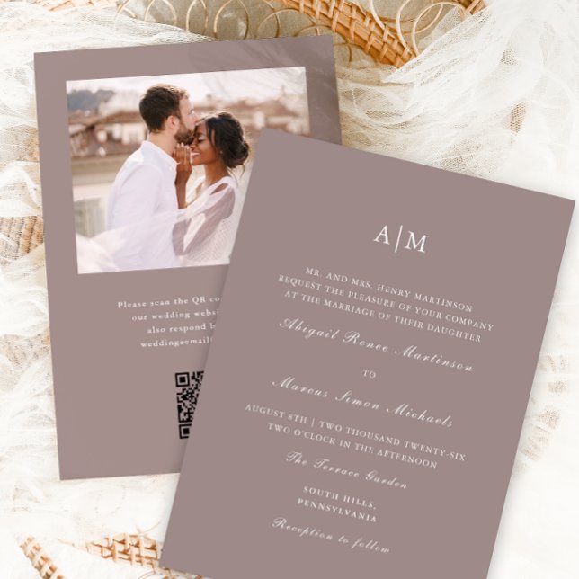 Elegant Taupe Monogram QR Rsvp Photo Wedding Invitation (Creator Uploaded)