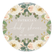 Elegant Taupe Peach Floral Baby Shower Classic Round Sticker
