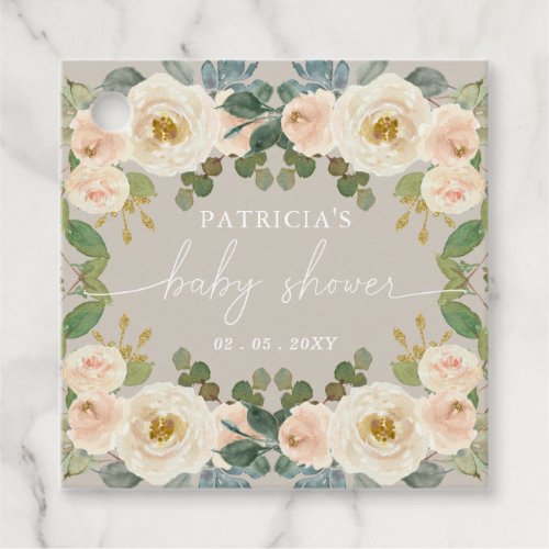 Elegant Taupe Peach Floral Baby Shower Favor Tags