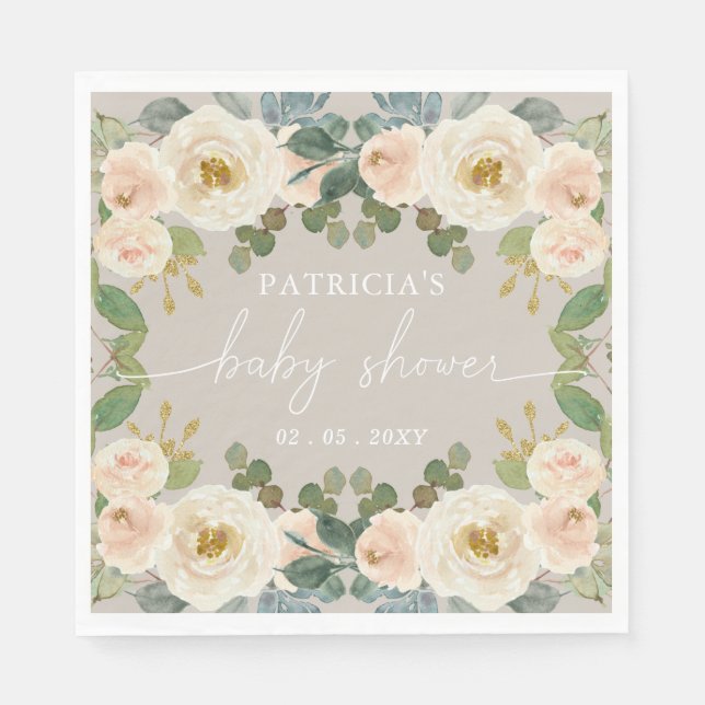 Elegant Taupe Peach Floral Baby Shower Napkins (Front)