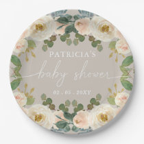 Elegant Taupe Peach Floral Baby Shower Paper Plates