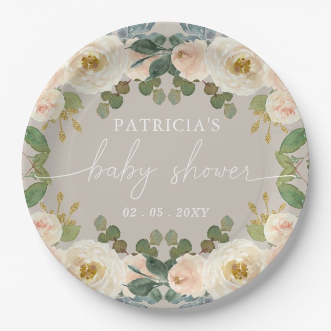Elegant Taupe Peach Floral Baby Shower Paper Plates (Front)