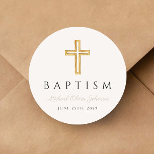 Elegant Taupe Religious Cross Baptism Classic Round Sticker