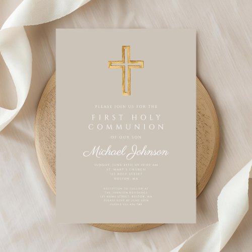 Elegant Taupe Religious Cross Boy First Communion Invitation