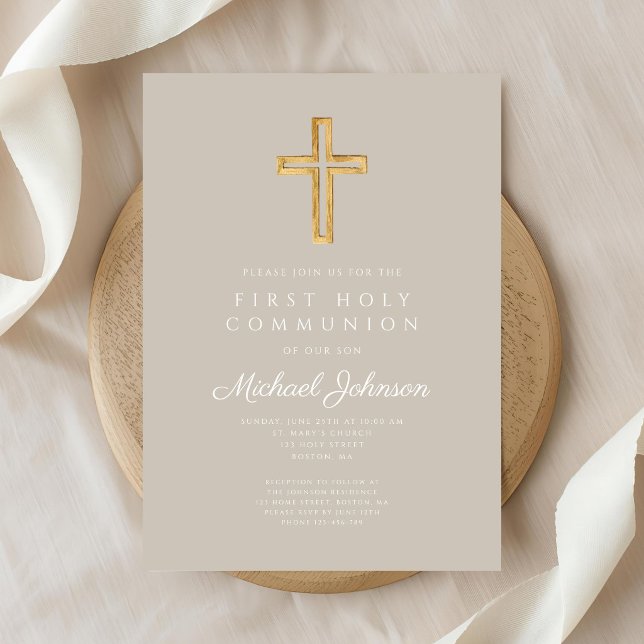 Elegant Taupe Religious Cross Boy First Communion Invitation (Elegant Taupe Religious Cross Boy First Communion Invitation)