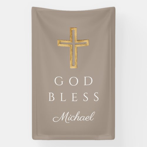 Elegant Taupe Religious Cross Boy God Bless Banner