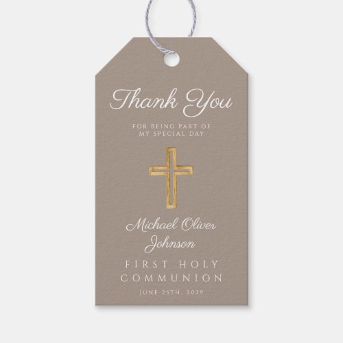 Elegant Taupe Religious Cross First Communion Gift Tags