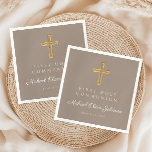 Elegant Taupe Religious Cross First Communion Napkins