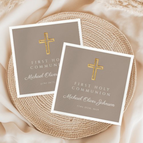 Elegant Taupe Religious Cross First Communion