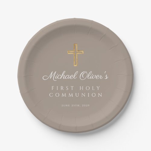 Elegant Taupe Religious Cross First Communion Paper Plates