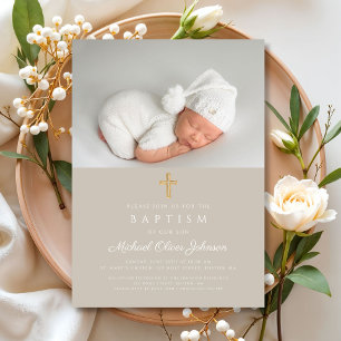 Elegant Taupe Religious Cross Photo Baptism Invitation