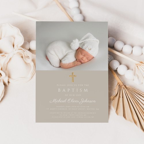 Elegant Taupe Religious Cross Photo Baptism Invitation