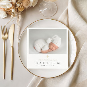 Elegant Taupe Religious Cross Photo Baptism Napkins