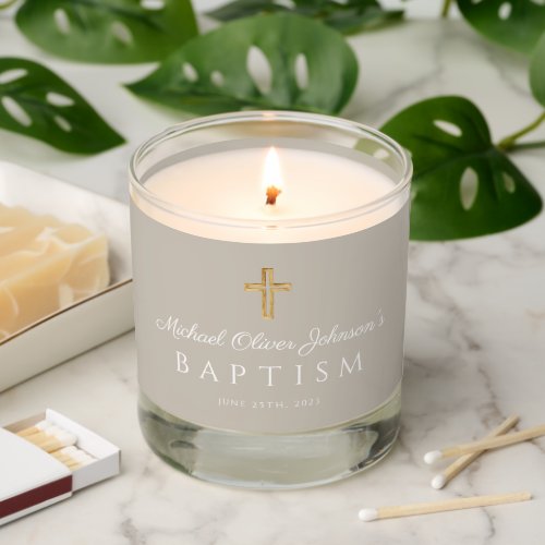 Elegant Taupe Religious Wood Cross Boy Baptism Scented Candle