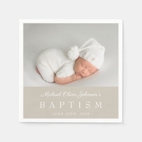 Elegant Taupe Script Photo Baptism Napkins