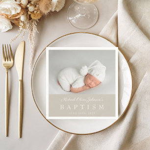 Elegant Taupe Script Photo Baptism Napkins